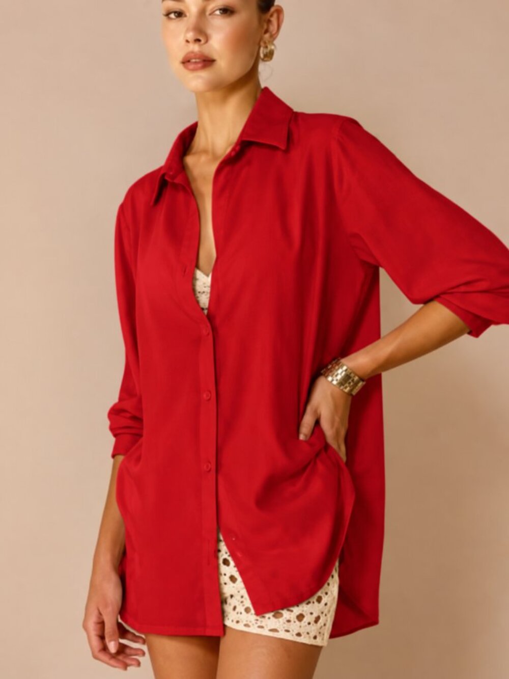 Commense NEW Red Linen Blend Button Front Oversized Shirt Top SZ XL Tomato Girl